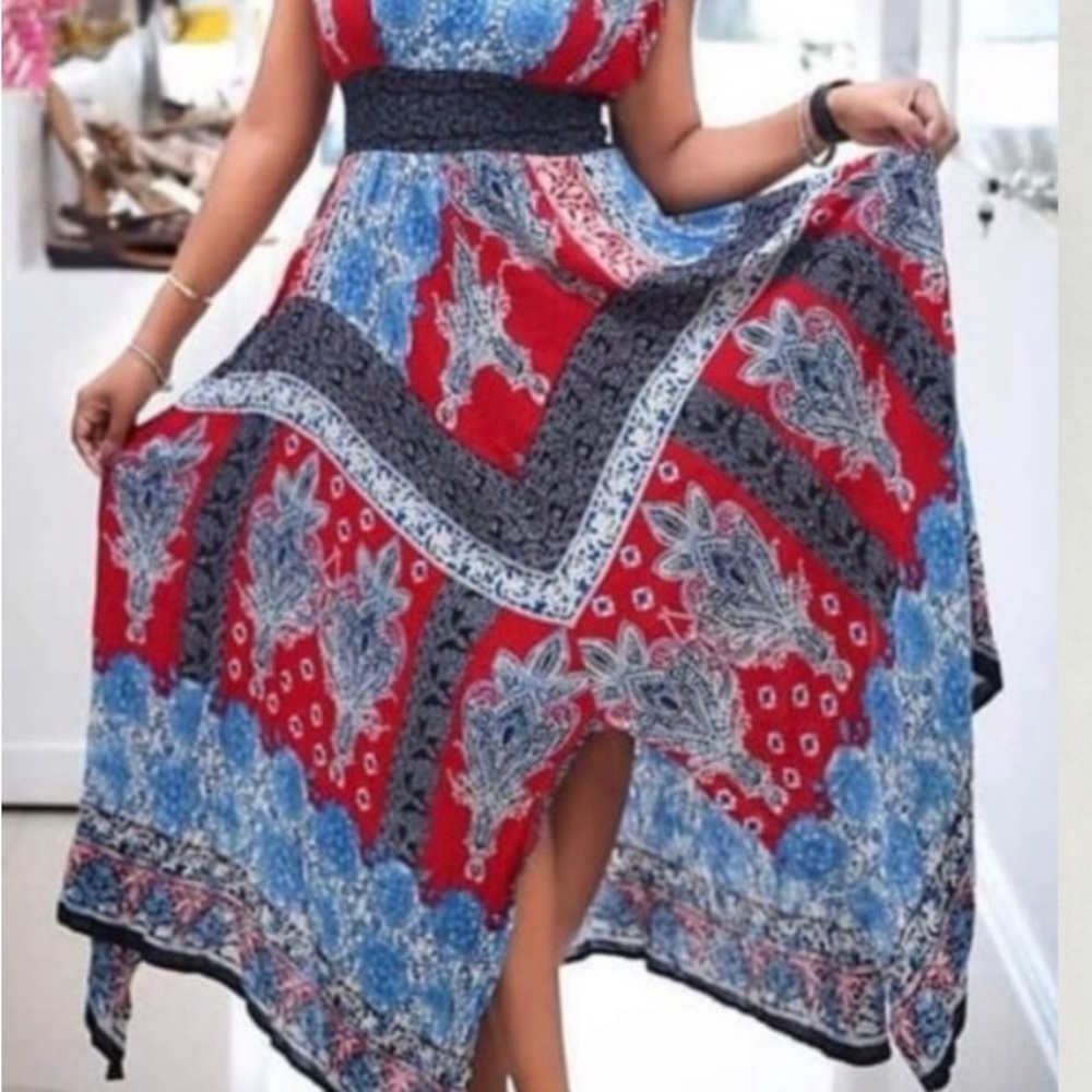 Bila Boho Maxi Dress Patriotic v-neck Handkerchief hem Americana XL festival